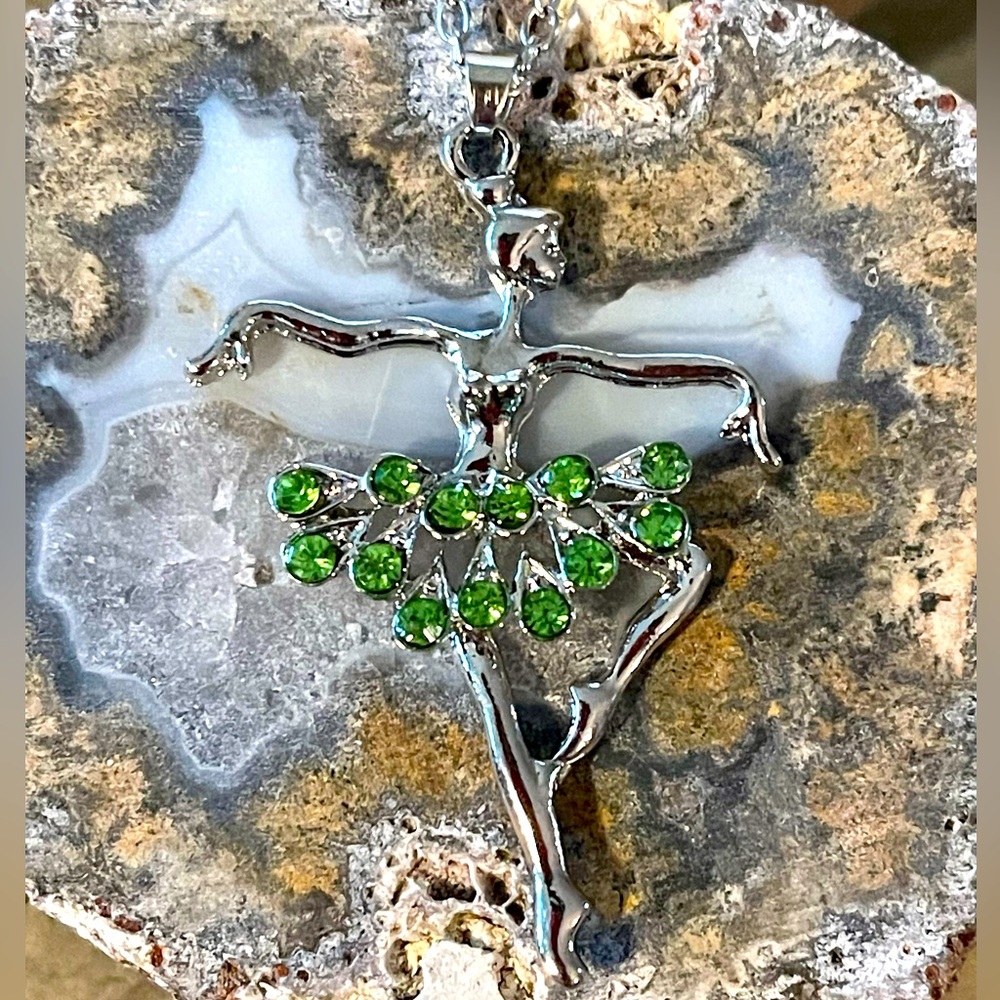 Ballet Dancer, Dancing Emerald Color Gemstones Necklace Silver Plated Ballerina - Picture 3 of 12